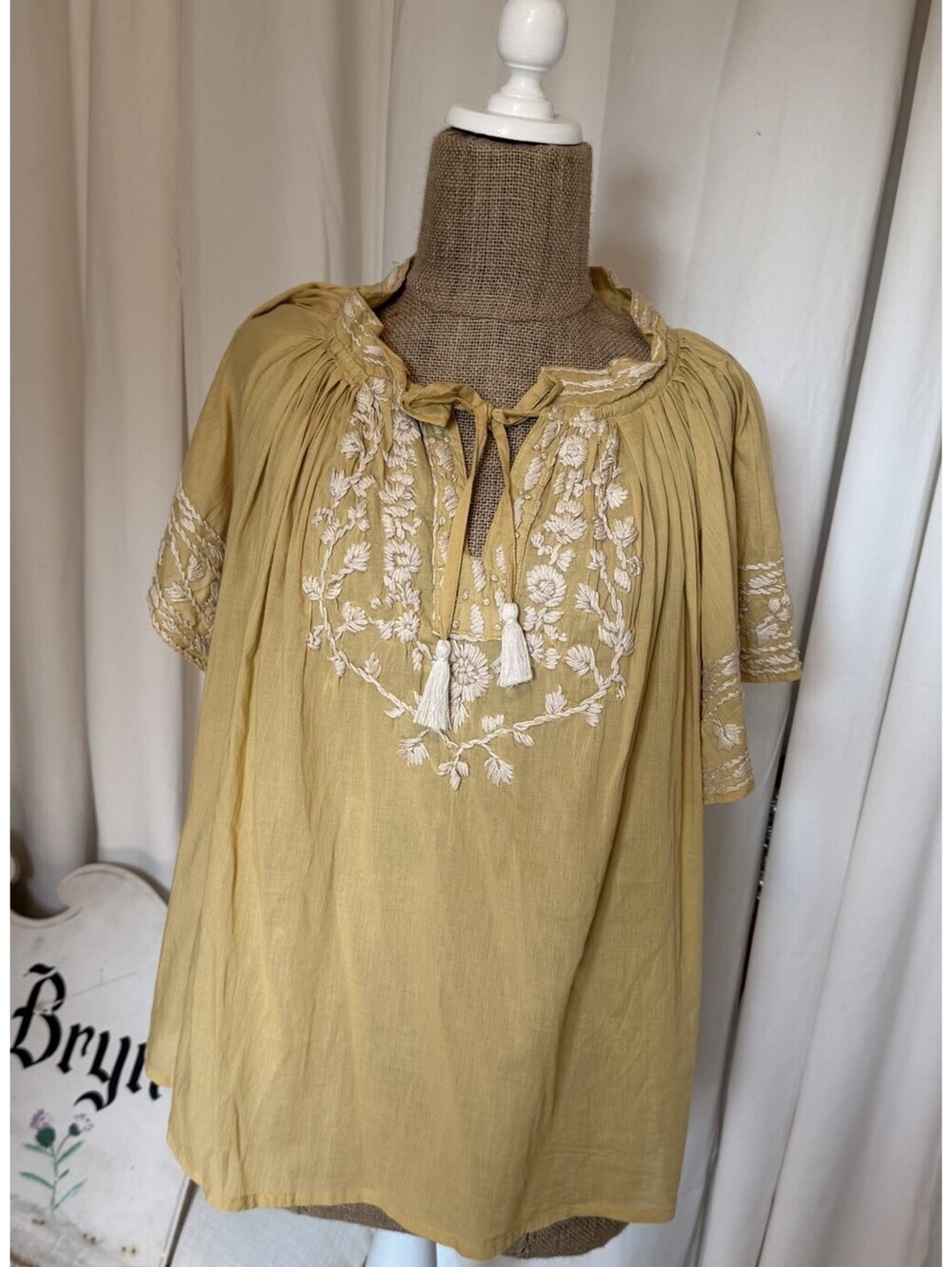 Kyla Seo Betty Embroidered Floral Boho Cotton Tassel Peasant Blouse Top Gold L